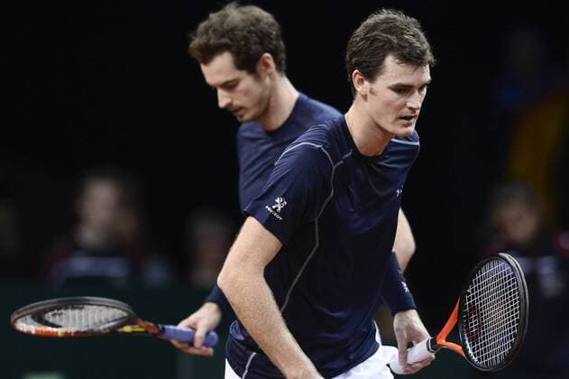 - GENT, BELGIUM: Britain s Andy Murray and Britain s Jamie Murray pictured during the third game in the Davis Cup tennis World Group final between Belgium and Great Britain, a doubles game of Belgians David Goffin and Steve Darcis versus Britain s Andy and Jamie Murray, Saturday 28 November 2015 at Flanders Expo in Gent. DIRKxWAEM  x04747865x
