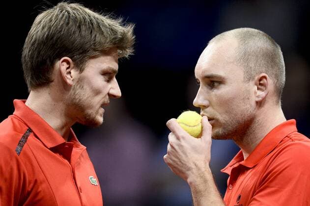 - GENT, BELGIUM: Belgian David Goffin and Belgian Steve Darcis pictured during the third game in the Davis Cup tennis World Group final between Belgium and Great Britain, a doubles game of Belgians David Goffin and Steve Darcis versus Britain s Andy and Jamie Murray, Saturday 28 November 2015 at Flanders Expo in Gent. DIRKxWAEM  x04747869x