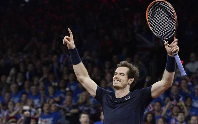 - GENT, BELGIUM: Britain s Andy Murray celebrates after winning the third game in the Davis Cup tennis World Group final between Belgium and Great Britain, a doubles game of Belgians David Goffin and Steve Darcis versus Britain s Andy and Jamie Murray, Saturday 28 November 2015 at Flanders Expo in Gent. DIRKxWAEM  x04748013x