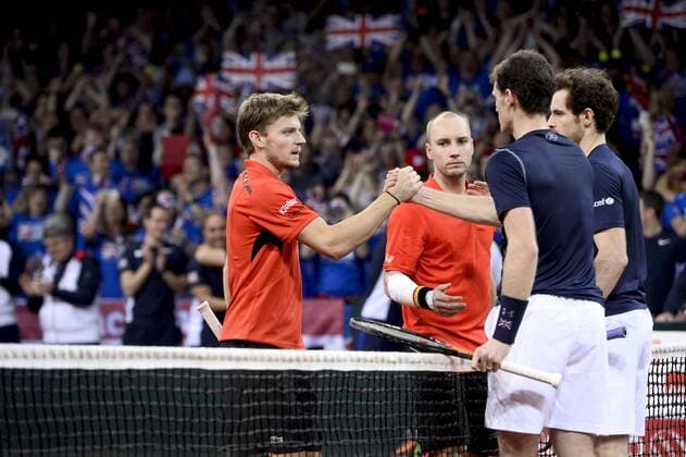 - GENT, BELGIUM: Belgian David Goffin, Belgian Steve Darcis, Britain s Jamie Murray and Britain s Andy Murray shake hands after the third game in the Davis Cup tennis World Group final between Belgium and Great Britain, a doubles game of Belgians David Goffin and Steve Darcis versus Britain s Andy and Jamie Murray, Saturday 28 November 2015 at Flanders Expo in Gent. DIRKxWAEM  x04748038x