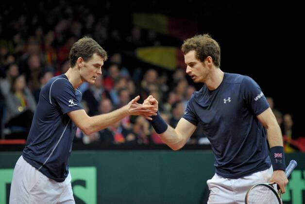 Tennis - 2015 Davis Cup by BNP Paribas - World Group Final: Belgium vs. Great Britain Day Two Rubber Three: Doubles David Goffin (Bel) and Steve Darcis (Bel) vs. Andy Murray (GB) and Jamie Murray (GB) Great Britain s (left to right) Jamie Murray and Andy Murray during the match at the Flanders Expo, Ghent. COLORSPORT JANE BARLOW 