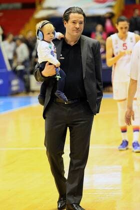 21.11.2015 Belgrade(Serbia) Serbia-Germany Eurobasket qualify women s basketball Bastian Wernthaler Germany coach with son :Str 