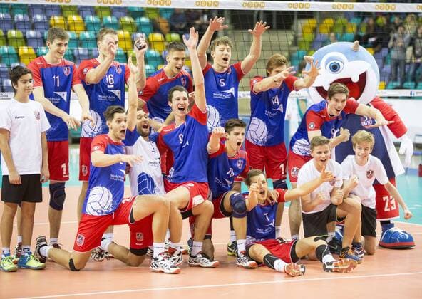 Volleyball Hessen - 1. Bundesliga Männer 28.11.2015 United Volleys Rheinmain (blau) - SWD Powervolleys Düren (ws) v.l. Jubel bei den United Volleys Rheinmain United Volleys Rheinmain - SWD Powervolleys Düren