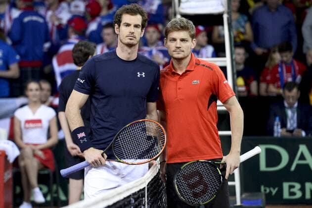 - GENT, BELGIUM: Britain s Andy Murray and Belgian David Goffin pose ahead of the fourth game in the Davis Cup tennis World Group final between Belgium and Great Britain, a game of Belgian David Goffin versus Britain s Andy Murray, Sunday 29 November 2015 at Flanders Expo in Gent. DIRKxWAEM  x04748491x