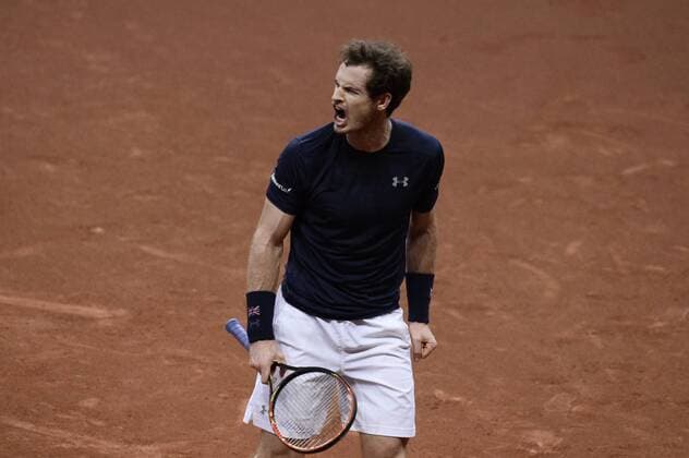 - GENT, BELGIUM: Britain s Andy Murray reacts during the fourth game in the Davis Cup tennis World Group final between Belgium and Great Britain, a game of Belgian David Goffin versus Britain s Andy Murray, Sunday 29 November 2015 at Flanders Expo in Gent. DIRKxWAEM  x04748614x