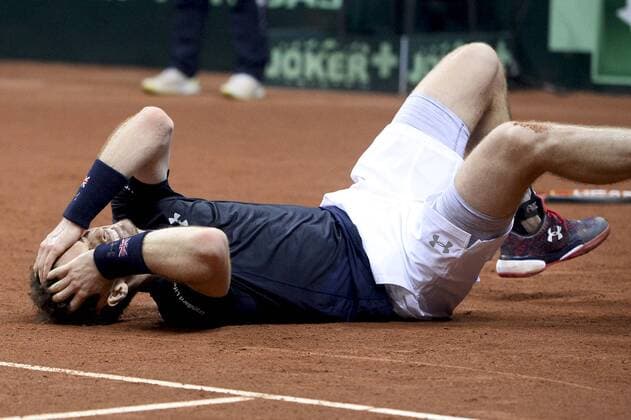 - GENT, BELGIUM: Britain s Andy Murray celebrates on the floor as he just won his game at the fourth game in the Davis Cup tennis World Group final between Belgium and Great Britain, a game of Belgian David Goffin versus Britain s Andy Murray, Sunday 29 November 2015 at Flanders Expo in Gent. Britain won the final 3 to 1. DIRKxWAEM  x04748936x