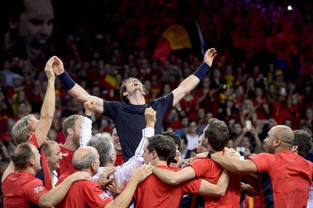 - GENT, BELGIUM: Britain s Andy Murray celebrates carried by his team as they won the fourth game in the Davis Cup tennis World Group final between Belgium and Great Britain, a game of Belgian David Goffin versus Britain s Andy Murray, Sunday 29 November 2015 at Flanders Expo in Gent. Britain won the final 3 to 1. DIRKxWAEM  x04749111x