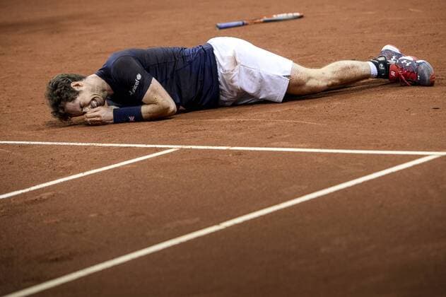 - GENT, BELGIUM: Britain s Andy Murray celebrates on the floor as he just won his game at the fourth game in the Davis Cup tennis World Group final between Belgium and Great Britain, a game of Belgian David Goffin versus Britain s Andy Murray, Sunday 29 November 2015 at Flanders Expo in Gent. Britain won the final 3 to 1. DIRKxWAEM  x04749107x