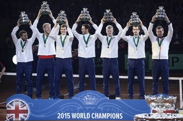 - GENT, BELGIUM: L-R, Britain s Daniel Evans, Britain s Dominic Inglot, Britain s Jamie Murray, Britain s James Ward, Britain s Kyle Edmund, Britain s Andy Murray and Britain s captain Leon Smith hold the winner trophy after the fourth game in the Davis Cup tennis World Group final between Belgium and Great Britain, a game of Belgian David Goffin versus Britain s Andy Murray, Sunday 29 November 2015 at Flanders Expo in Gent. Britain won the final 3 to 1. DIRKxWAEM  x04749121x