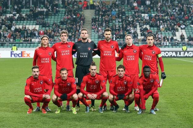 Warszawa, 26.11.2015 - UEFA Europa League 2015 2016 - FC Midtjylland - KRISTOFFER OLSSON, MORTEN RASMUSSEN, MIKKEL ANDERSEN, TIM SPARV, ANDRE ROMER, ERIK SVIATCHENKO, FILIP NOVAK, DANIEL ROYER, KIAN HANSEN, JAKOB POULSEN, PIONE SISTO - 151126PYK013