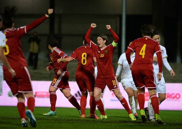 - LEUVEN, BELGIUM: Belgium s Aline Zeler (C) and her teammates celebrate after the 1-0 lead for Belgium during a Euro2017 qualification match between the Red Flames Belgian national women soccer team, and Serbia, Monday 30 November 2015 in Leuven. DAVIDxCATRY  x04749877x