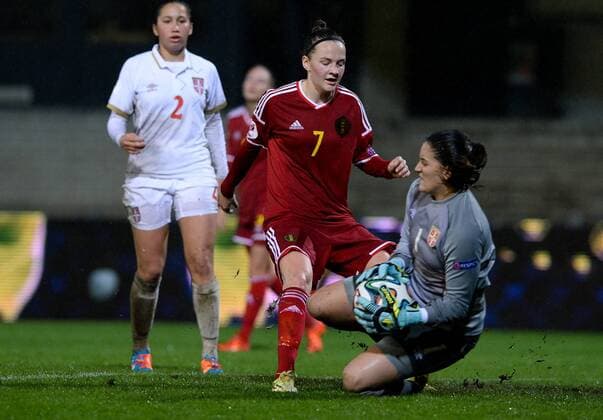 - LEUVEN, BELGIUM: Belgium s Elke Van Gorp and Serbia s goalkeeper Suzana Nilson pictured in action during a Euro2017 qualification match between the Red Flames Belgian national women soccer team, and Serbia, Monday 30 November 2015 in Leuven. DAVIDxCATRY  x04749885x