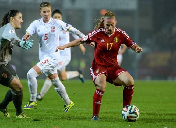 - LEUVEN, BELGIUM: Belgium s Jana Coryn (R) pictured in action during a Euro2017 qualification match between the Red Flames Belgian national women soccer team, and Serbia, Monday 30 November 2015 in Leuven. DAVIDxCATRY  x04749898x