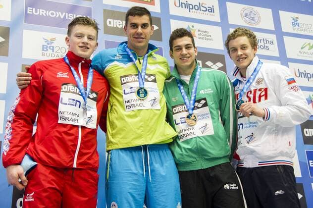 Schwimmen, Kurzbahn EM in Netanya, Siegerehrungen DUGONJIC Damir SLO Gold Medal PEATY Adam GBR Silver Medal KOSTIN Oleg RUS Bronze Medal MURPHY Alexander IRL Bronze Medal 50m Breaststroke Men - Final Netanya, Israel, Wingate Institute LEN European Short Course Swimming Championships Dec. 2 - 6, 2015 Day01 Dec.02 - Schwimmen - Kurzbahn EM 2015 - GiorgioxScala