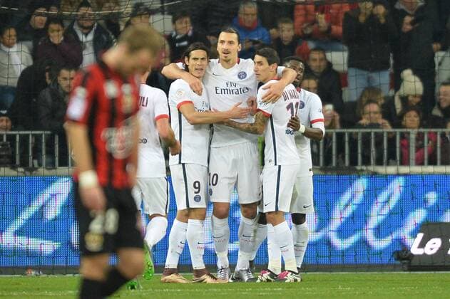 Fußball, OGC Nizza - Paris St. Germain EDINSON CAVANI (psg) - ZLATAN IBRAHIMOVIC (psg) - ANGEL DI MARIA (psg) - JOIE FOOTBALL : OGC Nice vs Paris St. Germain PSG - Ligue 1 - 04 12 2015 AnthonyBIBARD FEPx 
