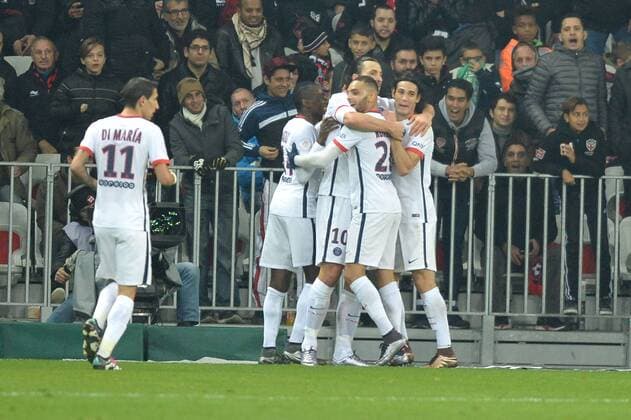 Fußball, OGC Nizza - Paris St. Germain EDINSON CAVANI (psg) - ZLATAN IBRAHIMOVIC (psg) - LAYVIN KURZAWA (psg) - BLAISE MATUIDI (psg) - JOIE FOOTBALL : OGC Nice vs Paris St. Germain PSG - Ligue 1 - 04 12 2015 AnthonyBIBARD FEPx 