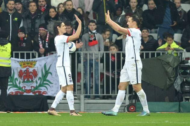Fußball, OGC Nizza - Paris St. Germain EDINSON CAVANI (psg) - ZLATAN IBRAHIMOVIC (psg) - JOIE FOOTBALL : OGC Nice vs Paris St. Germain PSG - Ligue 1 - 04 12 2015 AnthonyBIBARD FEPx 