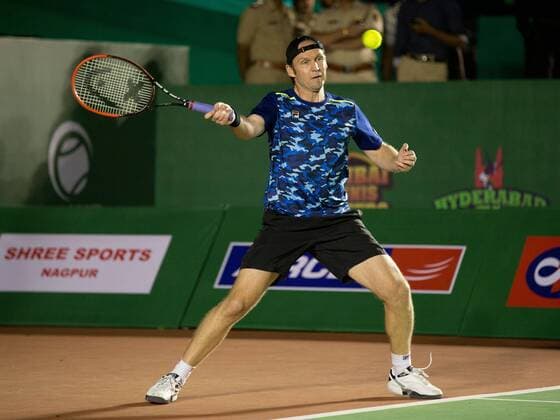 Champions Tennis League 2015, Chennai Warriors Captain Rainer Schuettler (GER) in Aktion im Legenden Spiel, Tennis - Champions Tennis League 2015 - - - Nagpur - Maharashtra - India - 4 December 2015.