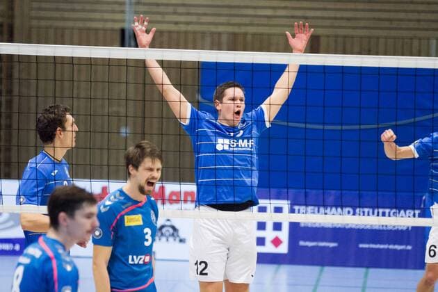 Stuttgart-Vaihingen Jubel Veit Klausmann ( 12, TSV Georgii Allianz Stuttgart) ; 2. Volleyballbundesliga Sued Herren: TSV Georgii Allianz Stuttgart gegen L.E. Volleys Leipzig, Hegel-Sporthalle, Stuttgart-Vaihingen Deutschland, 20151205; Copyright: Wuechnerx xEibner-Pressefoto EP_nwr