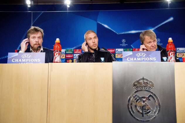 151207 Malmö FFs kommunikationschef Peter hlander, Anton Tinnerholm och tränare ge Hareide under en träning och presskonferens den 7 december 2015 i Madrid.  Copyright: LUDVIGxTHUNMAN BB151207LT124