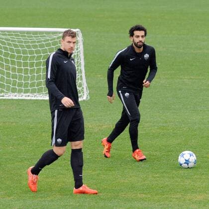 FuÃŸball, Champions League, AS Rom Training 08.12.2015. Technical Center Fulvio Bernardini, Rome, Italy. Uefa Champions League, GroupStage. Final training session AS Roma before their game with BATE on 9th Dec. Edin Dzeko and Salah. xACTIVAx  ActionPlus11687119