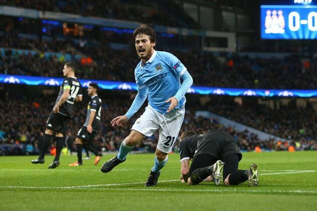 Fußball, Champions League, Manchester City - Borussia Mönchengladbach David Silva of Manchester City celebrates his opening goal - Manchester City vs Monchengladbach - UEFA Champions League - Etihad Stadium - Manchester - 08 12 2015 Pic Philip Oldham SportImage EDITORIAL USE ONLY. No use with unauthorised audio, video, data, fixture lists, club league logos or live services. Online in-match use limited to 120 images, no video emulation. No use in betting, games or single club league player publications.