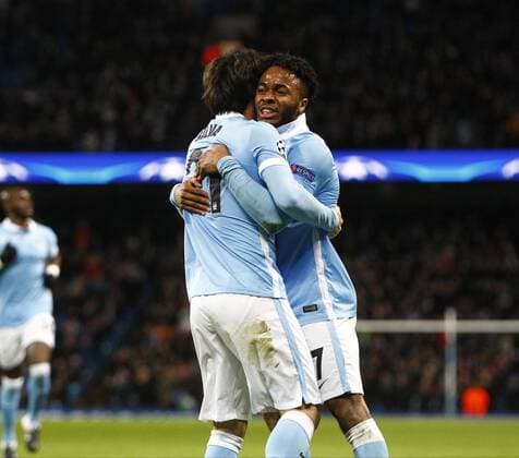 08.12.2015. The Etihad Stadium, Manchester, England. Champions League. Manchester City versus Borussia Monchengladbach. Manchester City s David Silva is congratulated by Manchester City s Raheem Sterling after opening the scoring for City. xAlanxMartinx  ActionPlus11687207