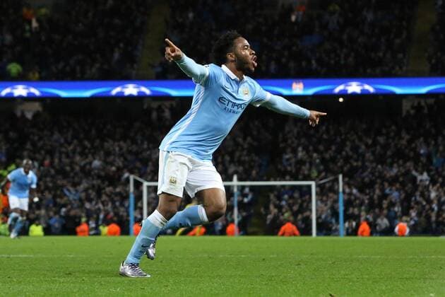 Fußball, Champions League, Manchester City - Borussia Mönchengladbach Raheem Sterling of Manchester City celebrates scoring his sides third goal - Manchester City vs Monchengladbach - UEFA Champions League - Etihad Stadium - Manchester - 08 12 2015 Pic Philip Oldham SportImage EDITORIAL USE ONLY. No use with unauthorised audio, video, data, fixture lists, club league logos or live services. Online in-match use limited to 120 images, no video emulation. No use in betting, games or single club league player publications.