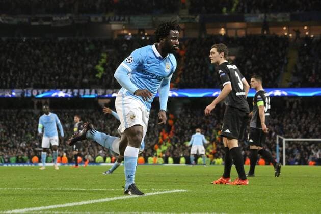 Fußball, Champions League, Manchester City - Borussia Mönchengladbach Wilfried Bony of Manchester City celebrates scoring his sides fourth goal - Manchester City vs Monchengladbach - UEFA Champions League - Etihad Stadium - Manchester - 08 12 2015 Pic Philip Oldham SportImage EDITORIAL USE ONLY. No use with unauthorised audio, video, data, fixture lists, club league logos or live services. Online in-match use limited to 120 images, no video emulation. No use in betting, games or single club league player publications.