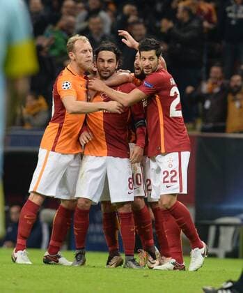 UEFA Champions League Group C soccer match between Galatasaray - Astana in Istanbul, Turkey, 08 December 2015. Pictured: Galatasaray players celebrates for Selcuk Inan s goal. 