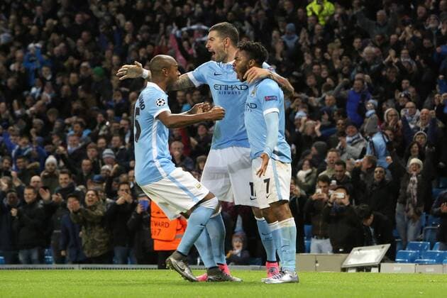 Fußball, Champions League, Manchester City - Borussia Mönchengladbach Raheem Sterling of Manchester City celebrates scoring his sides third goal - Manchester City vs Monchengladbach - UEFA Champions League - Etihad Stadium - Manchester - 08 12 2015 Pic Philip Oldham SportImage EDITORIAL USE ONLY. No use with unauthorised audio, video, data, fixture lists, club league logos or live services. Online in-match use limited to 120 images, no video emulation. No use in betting, games or single club league player publications.