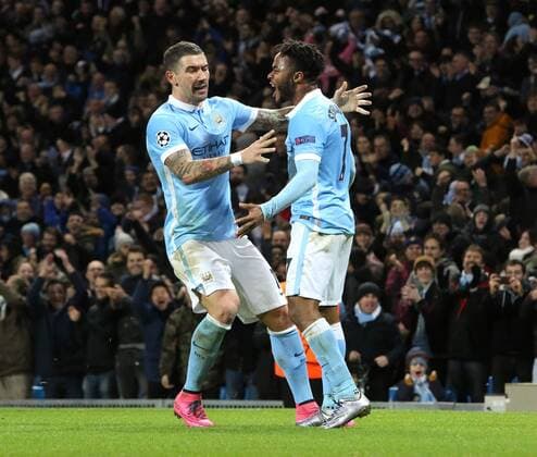 Raheem Sterling of Manchester City celebrates scoring his sides third goal - Manchester City vs Monchengladbach - UEFA Champions League - Etihad Stadium - Manchester - 08 12 2015 Pic Philip Oldham SportImage EDITORIAL USE ONLY. No use with unauthorised audio, video, data, fixture lists, club league logos or live services. Online in-match use limited to 120 images, no video emulation. No use in betting, games or single club league player publications.
