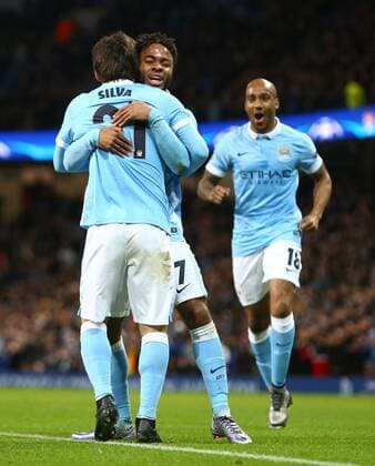 David Silva of Manchester City celebrates his opening goal with Raheem Sterling - Manchester City vs Monchengladbach - UEFA Champions League - Etihad Stadium - Manchester - 08 12 2015 Pic Philip Oldham SportImage EDITORIAL USE ONLY. No use with unauthorised audio, video, data, fixture lists, club league logos or live services. Online in-match use limited to 120 images, no video emulation. No use in betting, games or single club league player publications.