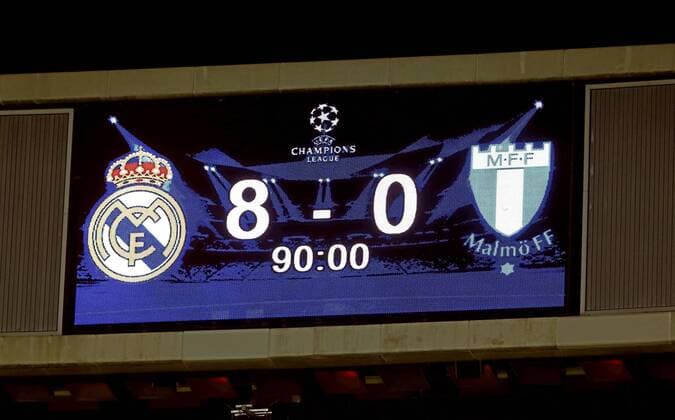 Champions League match between Real Madrid and Malmö FF - In this picture, the final scoreboard 8-0. xFOTOxCHEMAxREYx 