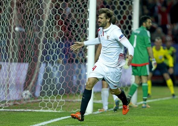 Champions League match between FC Sevilla and Juventus Turin. In this picture, Fernando Llorente celebrates his goal. xRAMONxNAVARROx 