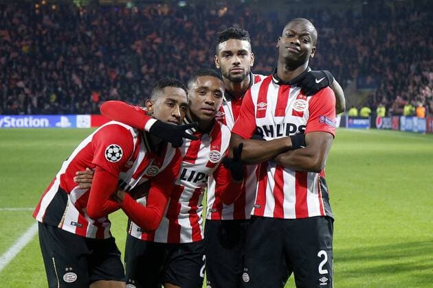 (L-R), Joshua Brenet of PSV, Steven Bergwijn of PSV, Jurgen Locadia of PSV, Nicolas Isimat-Mirin of PSV during the UEFA Champions League match between PSV Eindhoven and CSKA Moscow on December 8, 2015 at the Philips stadium in Eindhoven, The Netherlands. PSV v CSKA Moscow UEFA Champions League 2015 2016 xVIxJeroenxPutmansxIVx 4676994