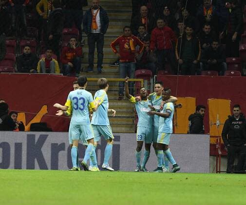 UEFA Champions League Group C soccer match between Galatasaray - Astana in Istanbul, Turkey, 08 December 2015. Fial Score: Galatasaray 1 - Astana 1 Pictured: Astana players celebrates for Patrick Twumasi s goal. 