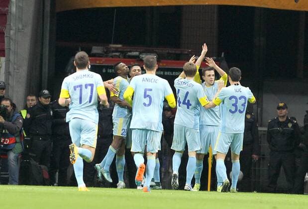 UEFA Champions League Group C soccer match between Galatasaray - Astana in Istanbul, Turkey, 08 December 2015. Fial Score: Galatasaray 1 - Astana 1 Pictured: Astana players celebrates for Patrick Twumasi s goal. 