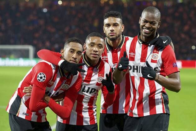 (L-R) Joshua Brenet of PSV, Steven Bergwijn of PSV, Jurgen Locadia of PSV, Nicolas Isimat-Mirin of PSV during the UEFA Champions League match between PSV Eindhoven and CSKA Moscow on December 8, 2015 at the Philips stadium in Eindhoven, The Netherlands. PSV v CSKA Moscow UEFA Champions League 2015 2016 xVIxxIVx 4678212