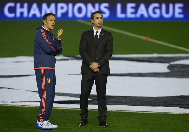 Gary Neville (R) head coach of Valencia CF and his brother Phil Neville assistant manager talks on the pitch prior to the game - UEFA Champions League Group H - Valencia CF vs Olympique Lyonnais - Mestalla Stadium - Valencia- Spain - 09th December 2015 - Pic David Aliaga Sportimage EDITORIAL USE ONLY. No use with unauthorised audio, video, data, fixture lists, club league logos or live services. Online in-match use limited to 120 images, no video emulation. No use in betting, games or single club league player publications.