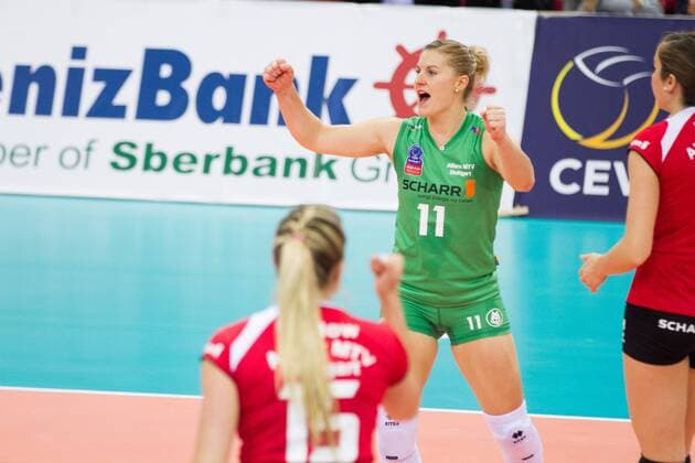 Stuttgart Jubel Lisa Thomsen ( 11, Allianz MTV Stuttgart) ; 2016 CEV DenizBank Volleyball Champions League Damen, Pool A, 4th Leg Allianz MTV Stuttgart gegen Lokomotiv Lokomotive Baku (ASE) , SCHARRena, Stuttgart Deutschland, 20151209; Copyright: Wuechnerx xEibner-Pressefoto EP_nwr