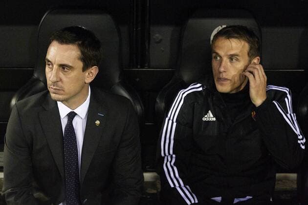 Gary Neville (L) head coach of Valencia CF and his brother Phil Neville assistant manager at the bench prior to the game - UEFA Champions League Group H - Valencia CF vs Olympique Lyonnais - Mestalla Stadium - Valencia- Spain - 09th December 2015 - Pic David Aliaga Sportimage EDITORIAL USE ONLY. No use with unauthorised audio, video, data, fixture lists, club league logos or live services. Online in-match use limited to 120 images, no video emulation. No use in betting, games or single club league player publications.