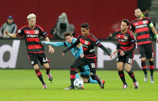 Championsleague , Bayer 04 Leverkusen vs. FC Barcelona Barca Championsleague , Bayer 04 Leverkusen vs. FC Barcelona lev44,Lionel Andres Messi (Barcelona),Wendell (Leverkusen),Hakan Calhanoglu (Leverkusen) nphxBratic