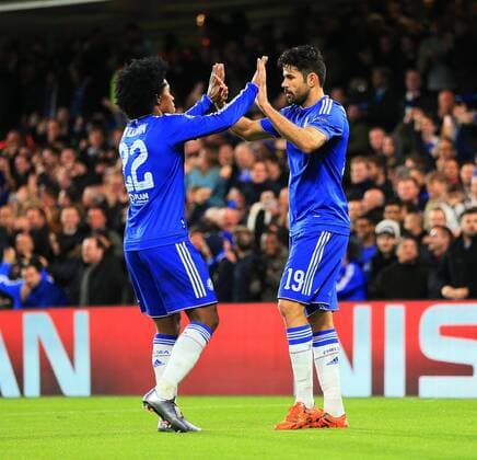 Chelsea s Diego Costa celebrates his sides opening goal UEFA Champions League - Chelsea v FC Porto - Stamford Bridge - England - 9th December 2015 - Picture David Klein Sportimage EDITORIAL USE ONLY. No use with unauthorised audio, video, data, fixture lists, club league logos or live services. Online in-match use limited to 120 images, no video emulation. No use in betting, games or single club league player publications.