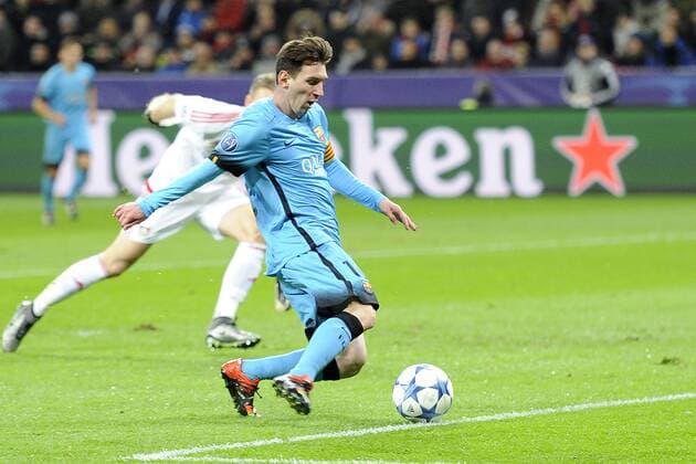 Leverkusen, Deutschland 09. Dezember 2015: Champions League 15 16 - Bayer 04 Leverkusen vs. FC Barcelona Barca Lionel Messi (FC Barcelona) zum 0:1 ot