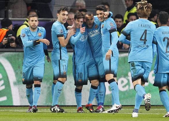 Lionel Messi FC Barcelona Barca (M) celebrates scoring the 1:0 during the championsleague match between Bayer 04 Leverkusen and FC Barcelona, Bayarena in Leverkusen on december 9., 2015. Bayer 04 Leverkusen vs. FC Barcelona in der Champions League der Saison 2015 2016 am 9. Dezember 2015.