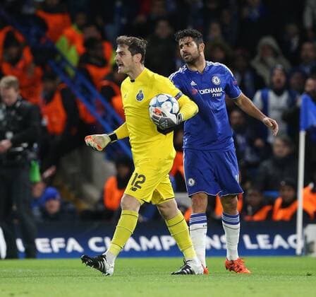 Chelsea s Diego Costa tussles with Porto s Iker Casillas and gets booked UEFA Champions League - Chelsea v FC Porto - Stamford Bridge - England - 9th December 2015 - Picture David Klein Sportimage EDITORIAL USE ONLY. No use with unauthorised audio, video, data, fixture lists, club league logos or live services. Online in-match use limited to 120 images, no video emulation. No use in betting, games or single club league player publications.