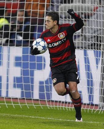 Javier Hernandez Chicharito celebrates scoring the 1:0 goal (Bayer 04 Leverkusen) during the championsleague match between Bayer 04 Leverkusen and FC Barcelona Barca Bayarena in Leverkusen on december 9., 2015. Bayer 04 Leverkusen vs. FC Barcelona in der Champions League der Saison 2015 2016 am 9. Dezember 2015.