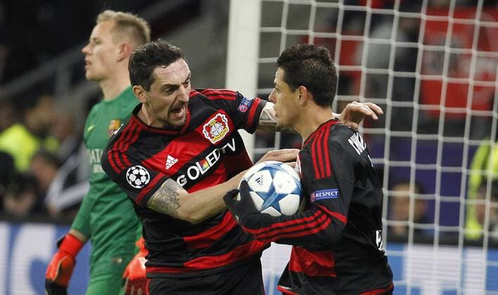 Javier Hernandez Chicharito celebrates scoring the 1:0 goal (Bayer 04 Leverkusen) (R) and Roberto Hilbert (Bayer 04 Leverkusen) during the championsleague match between Bayer 04 Leverkusen and FC Barcelona Barca Bayarena in Leverkusen on december 9., 2015. Bayer 04 Leverkusen vs. FC Barcelona in der Champions League der Saison 2015 2016 am 9. Dezember 2015.