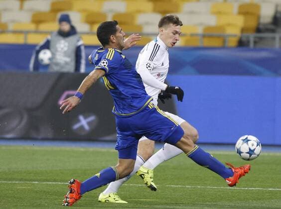 Dec. 9, 2015 - Kiev, Ukraine - SERHIY SYDORCHUK (R) of Dynamo in action against EYTAN TIBI (L) of Maccabi during the UEFA Champions League Group G soccer match between Dynamo Kyiv and FC Maccabi Tel-Aviv,at Olimpiyskyi stadium in Kiev, Ukraine, 09 December 2015. Soccer 2015 - DYNAMO vc MACCABI,UEFA Champions League Group G - ZUMAg194